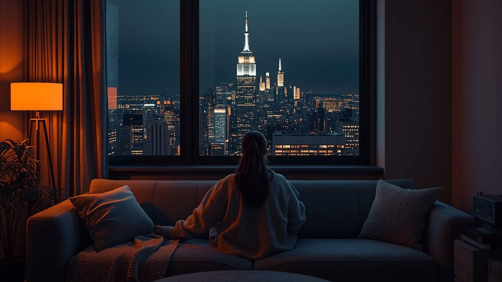 Lifestyle scene enjoying IPTV service in a modern NYC apartment