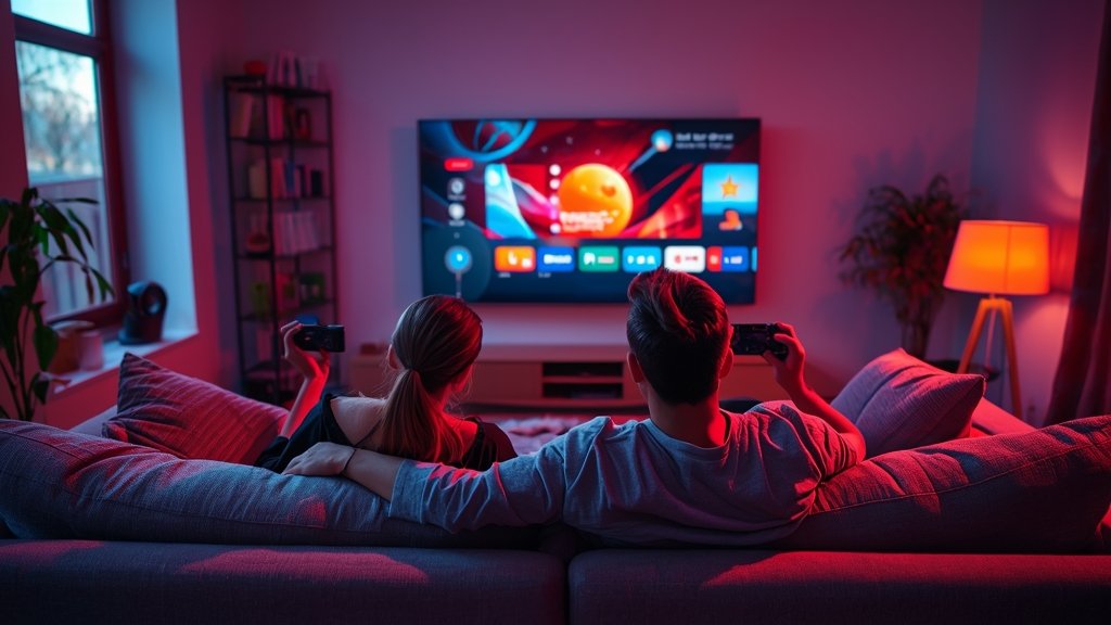 Couple enjoying IPTV streaming in stylish living room