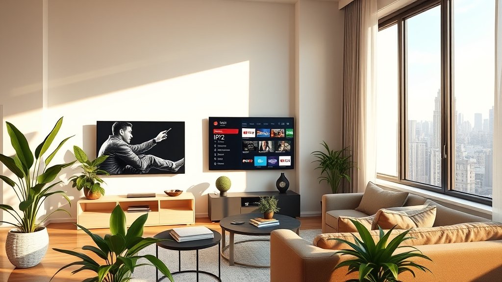 Cozy New York apartment with Smart TV showing IPTV menu