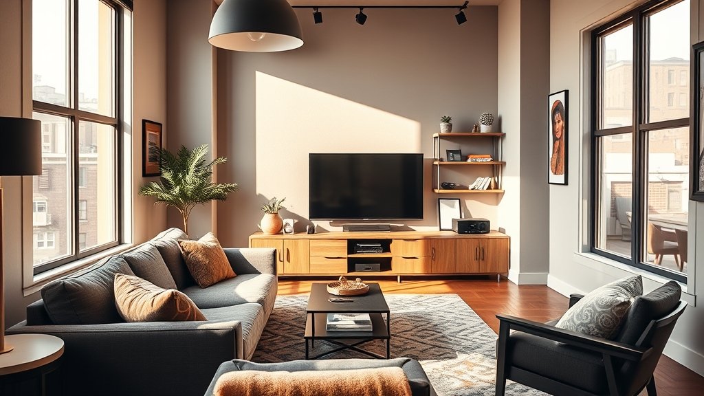 Cozy entertainment setup in a stylish Brooklyn apartment