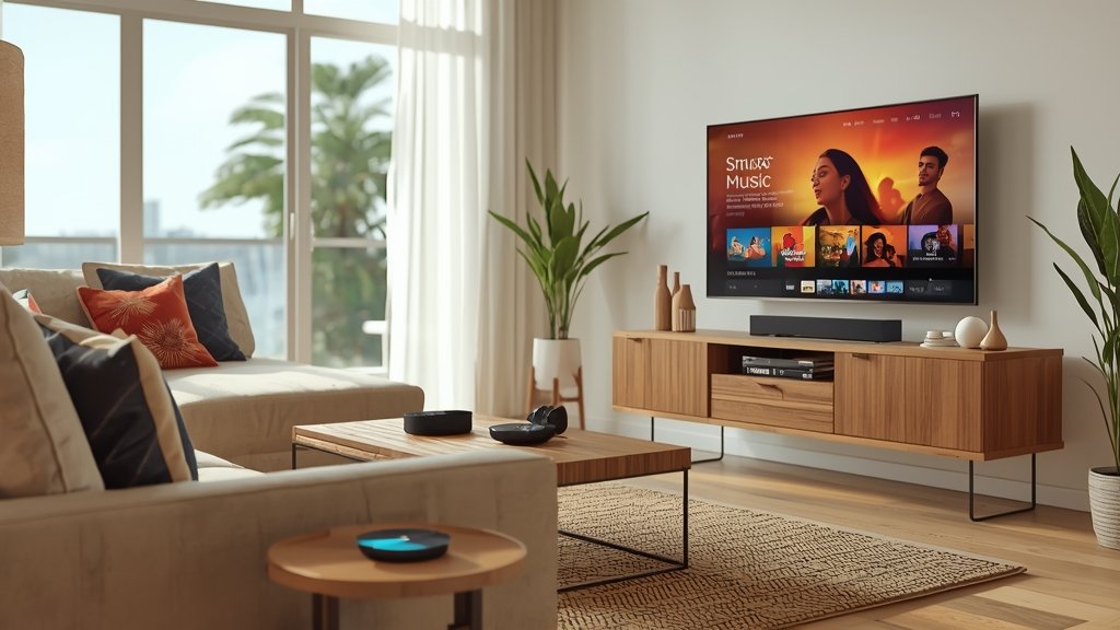 Stylish Miami living space with Smart TV streaming Latin music