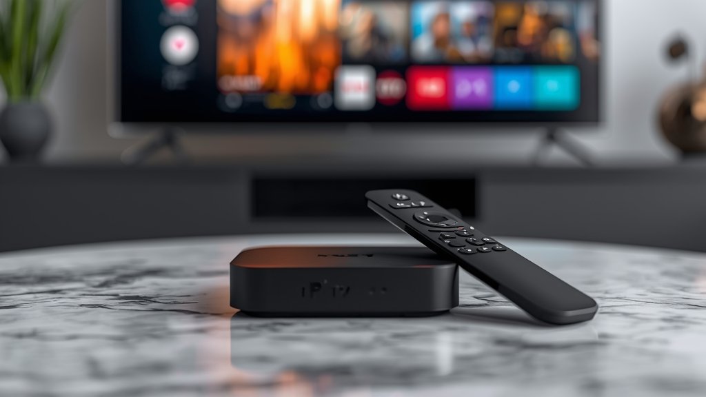 IPTV set-top box and remote control on elegant coffee table